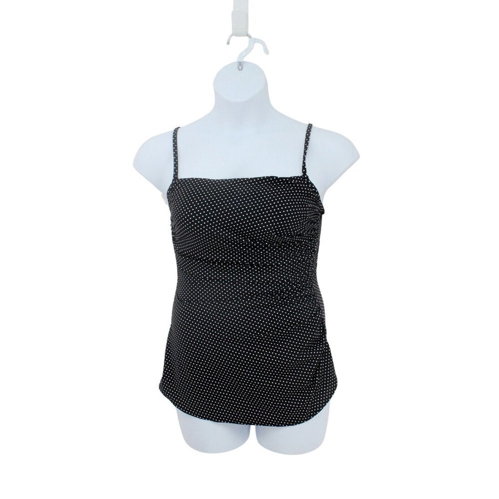 Talbots Black Polka Dot Print Ruching Slimming Skirted Swimsuit Size 16
